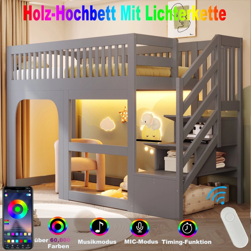 Letto a soppalco 90 x 200 cm, con ripiano portaoggetti, illuminazione a LED, sponde di sicurezza, letto per bambini, grigio