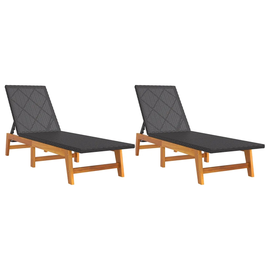 Lettino Prendisole | Sdraio 2 pz Nero e Marrone Polyrattan e Legno Massello di Acacia