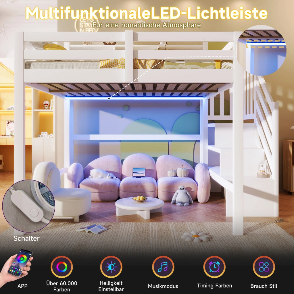 Letto a soppalco 140x200 cm bianco con LED e scala contenitore