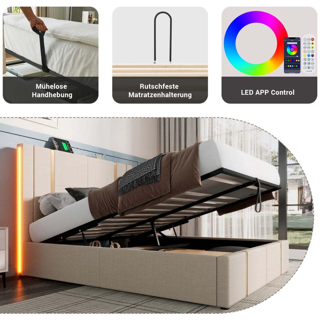 Letto contenitore imbottito 160x200 cm con LED RGB; USB e Type-C; beige in lino