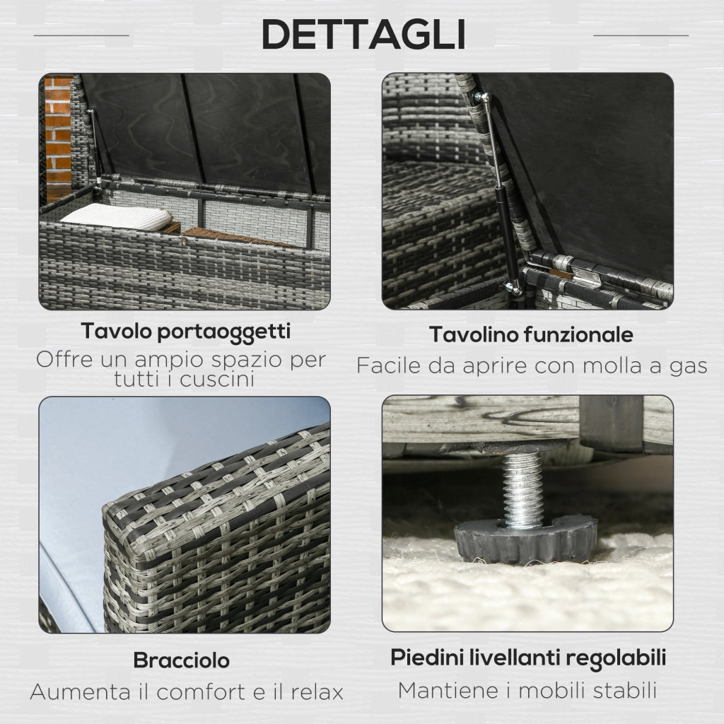 Set da Esterno 6 Pezzi con 2 Tavolini Contenitore 2 Divani e 2 Poltrone in Rattan e Acciaio Grigio