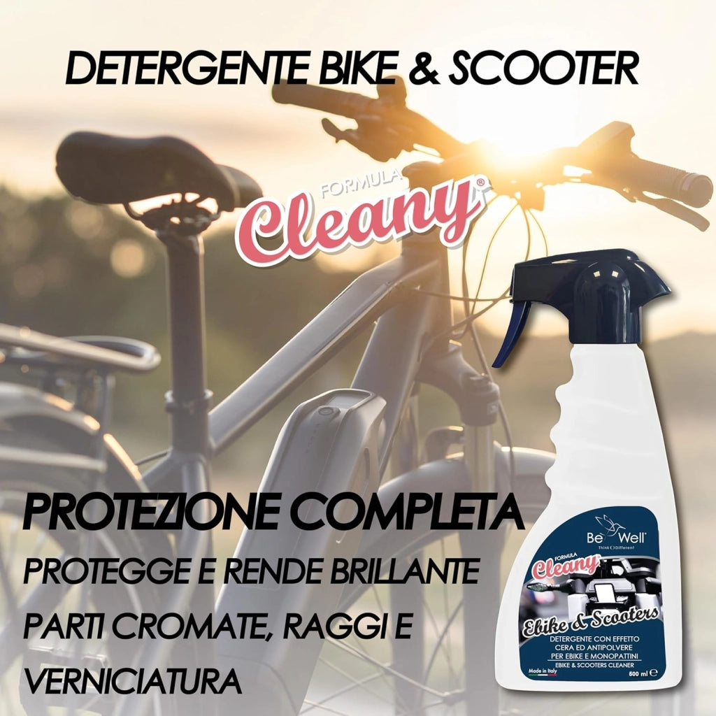 CLEANY Detergente Sgrassante Protettivo per Bicicletta, Ebike, Scooter, Monopattini – EFFETTO CERA Idrorepellente Detergente Professionale Spray 500 ml – Elimina Grasso e Incrostazioni, Brillantezza