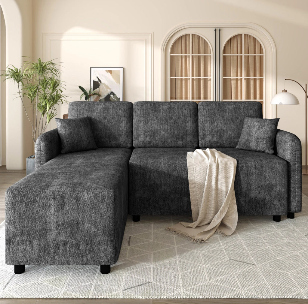 Divano angolare 3 posti nero in ciniglia con chaise longue, 2 cuscini
