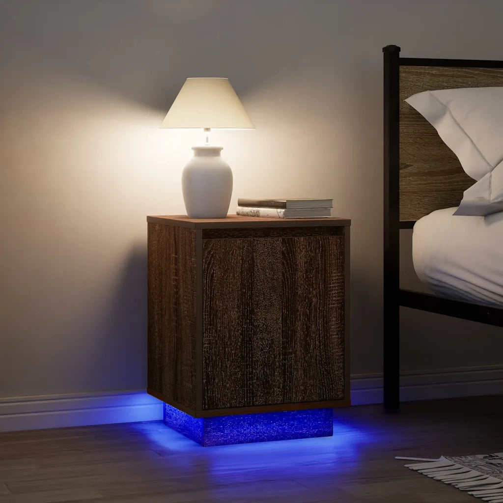 Comodino con Luci LED Rovere Marrone 38x34x50 cm