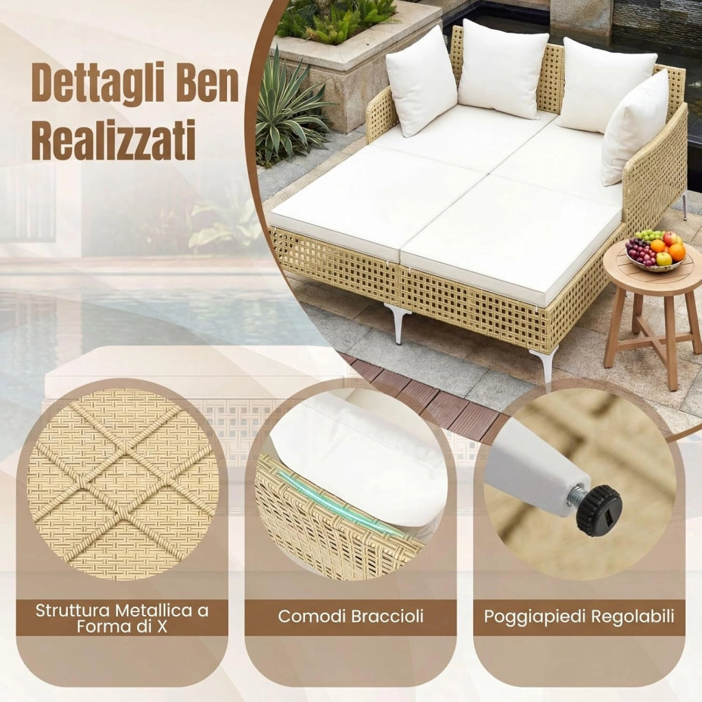 Lettino Prendisole per 2 Persone da Giardino, Divano Letto Matrimoniale da Esterno con Cuscini per Seduta e Schienale, Isola Prendisole per Cortile e Terrazza, 153 x 133 x 70 cm