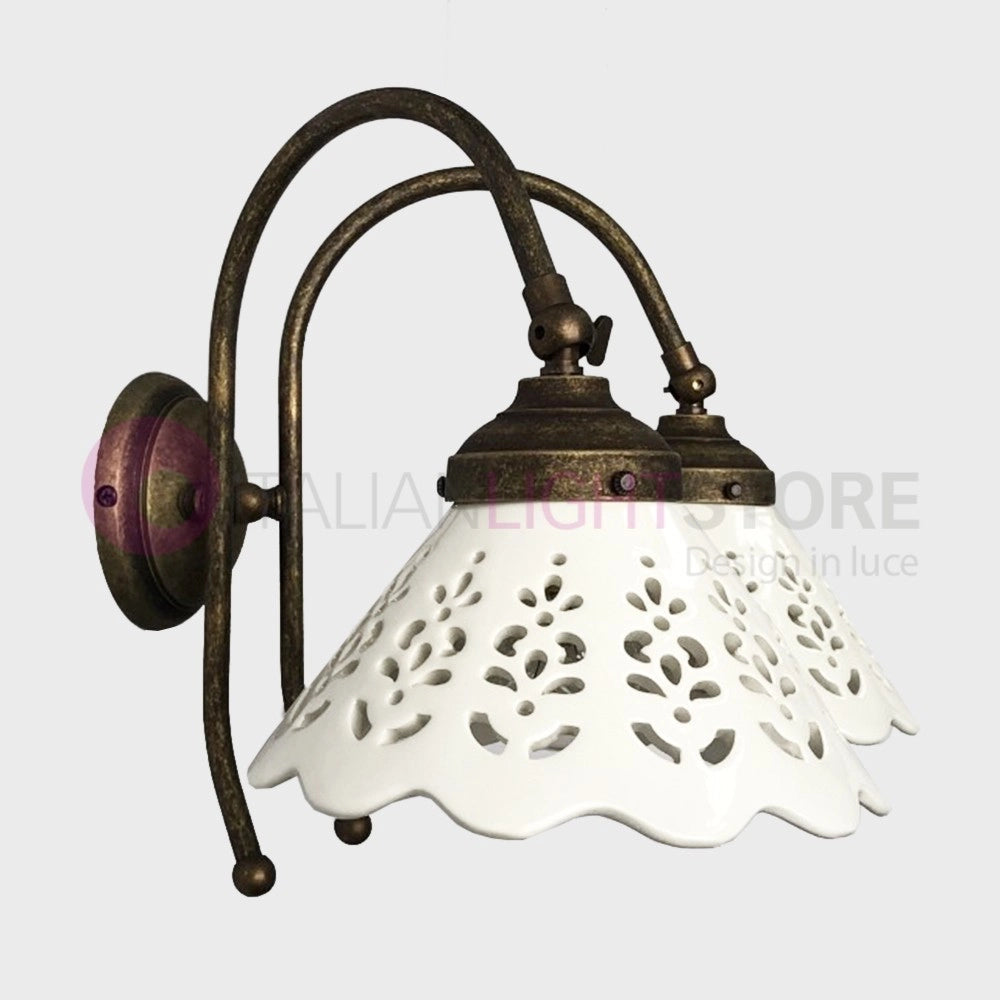 VOLTERRA Applique Doppia Luce Ottone e Ceramica Stile Rustico