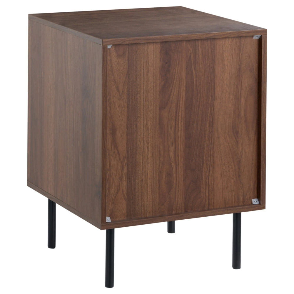Comodino a 2 cassetti in truciolato marrone scuro con gambe in metallo mobile contenitore moderno design scanalato camera da letto