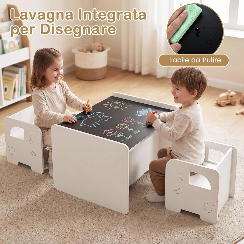 Set Tavolo e 2 Sedie per Bambini, Tavolo e Sedie Salvaspazio per Bambini 3+ Anni con Lavagna per Disegnare e Piedini Antiscivolo, per Camerette, Soggiorno e Studio (Bianco)