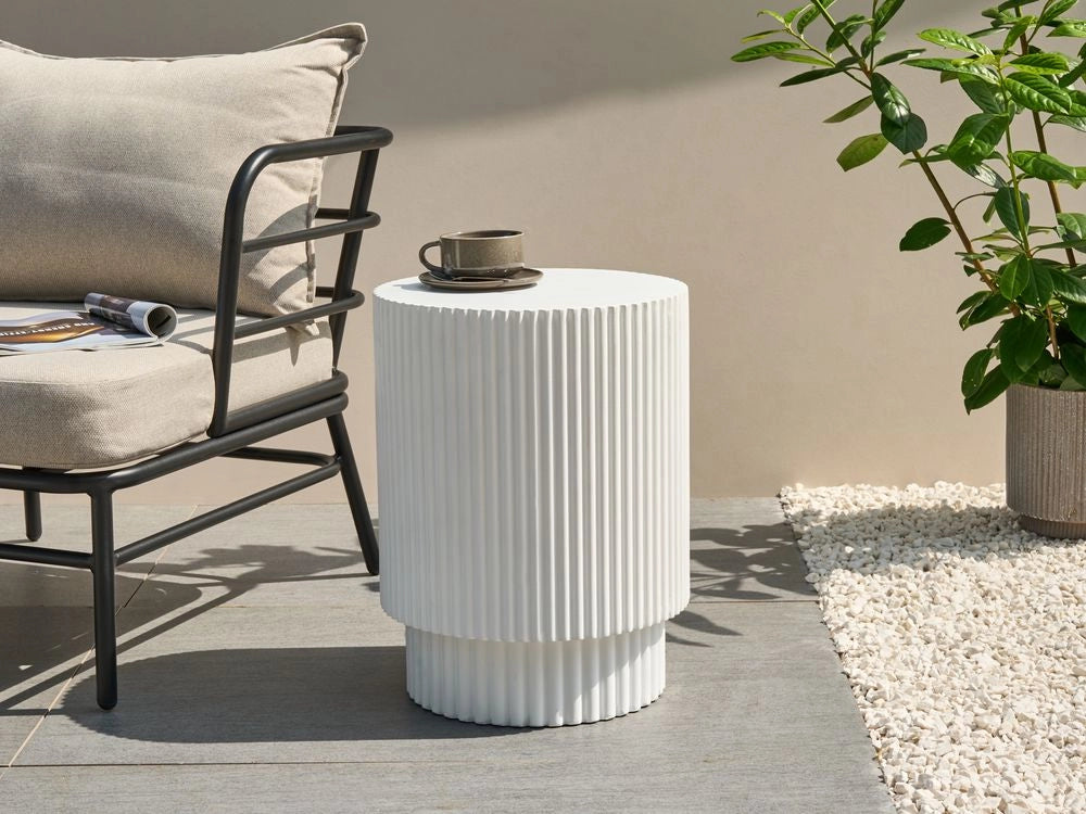 Tavolino a coste in fibra di vetro MgO di forma rotonda Resistente ai raggi UV Bianco Macchie di ruggine Acqua e vento Soggiorno all'aperto