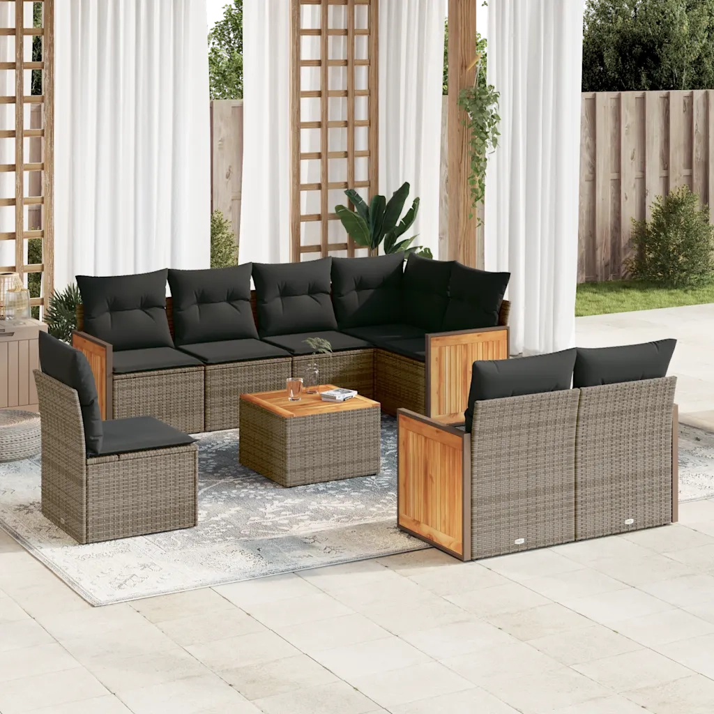 Set Divani da Giardino 9 pz con Cuscini Grigio in Polyrattan 3227853