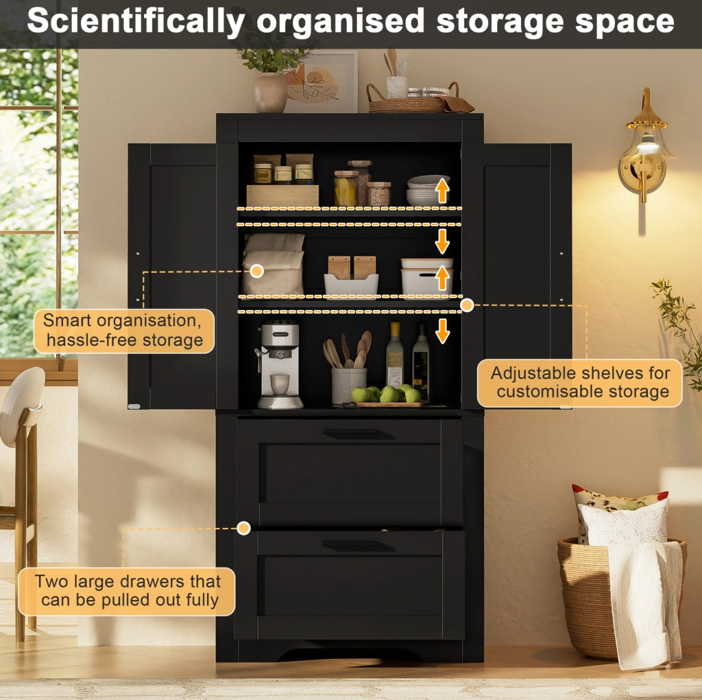 Credenza alta stile country con 2 cassetti e ripiani regolabili; nero; 60x30x128 cm in MDF e truciolare