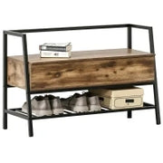 Mobile Scarpiera in Stile Industriale con Vano, Panca Scarpiera Vintage Salvaspazio in Legno e Metallo, Marrone Rustico, 90x37x60cm