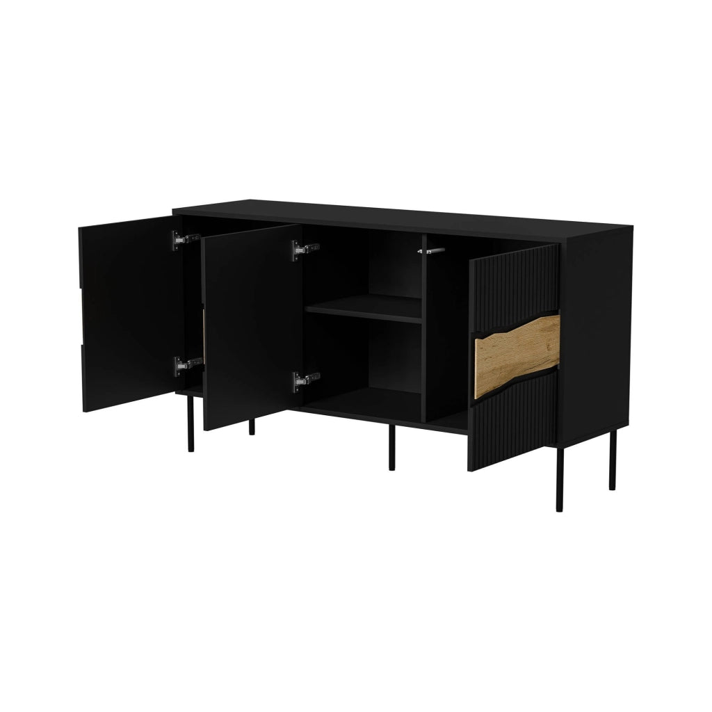 Credenza Saliceto, Madia da salotto con tre ante battenti e vani interni, Rialzata da terra, 144x40 h80 cm, Nero e Rovere Nodi