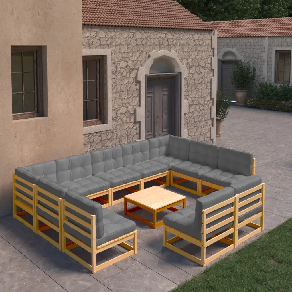 Set Salotto Giardino 10pz Cuscini Antracite Legno Massello Pino 3077219