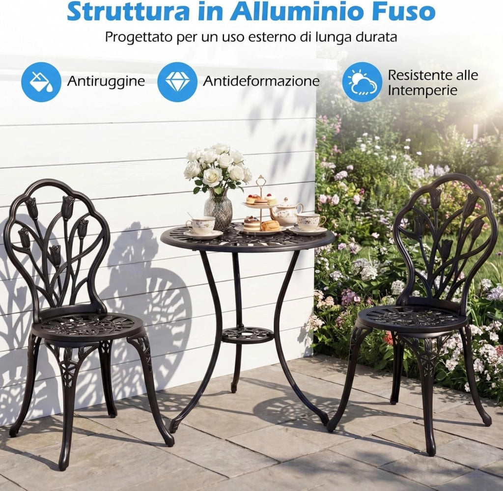 Set Tavolino e Sedie in Alluminio 3 Pezzi, Set Bistro da Esterno con Foro per Ombrellone, Mobili da Giardino per Cortile Patio Terrazza (Modello 2)