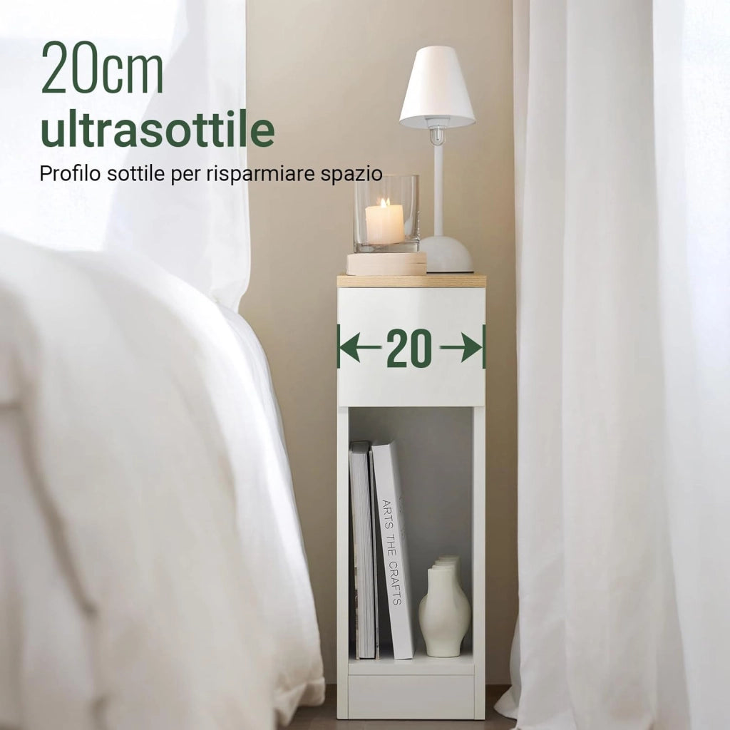 Comodino Sottile comodino per camera da letto con cassetto e ripiano comodini per camera da letto e soggiorno Tavolino divano Bianco L20 x P35 x A60 cm FBT111-WN