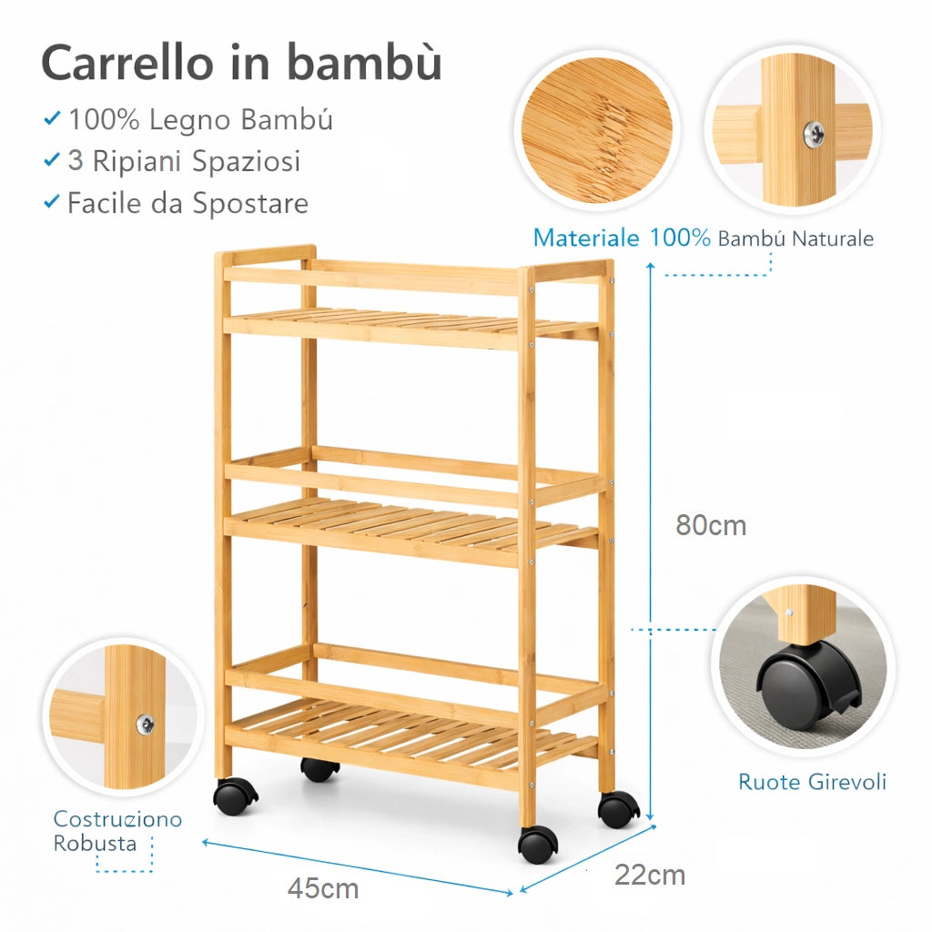 Carrello in Legno Bambù Slim 3 Ripiani con Ruote 45x22 h80 Cucina Bagno Ufficio