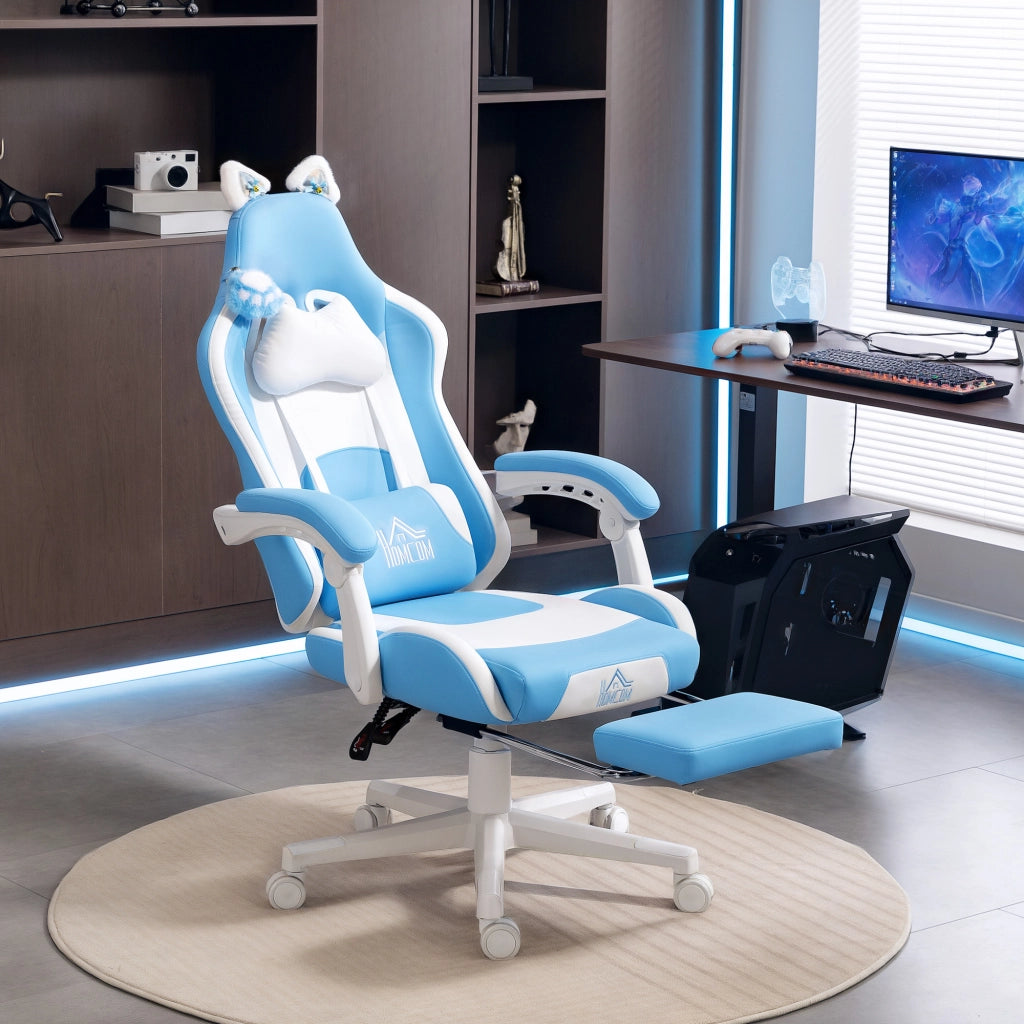 Sedia da Gaming Reclinabile 65x62x116-124 cm con Poggiapiedi e Cuscini in Finta Pelle e Spugna Bianco e Rosa