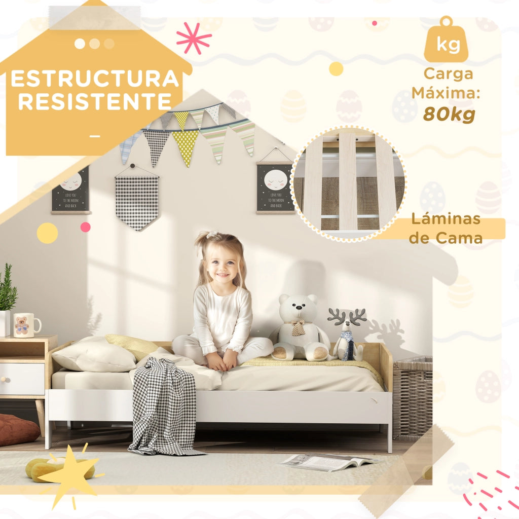Letto singolo per bambini in legno bianco e naturale ¨C Xylo ¨C 140x70 cm, carico 80 kg