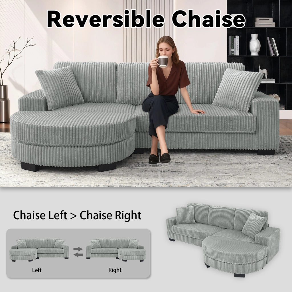 Divano angolare modulare a L con pouf ovale e 2 cuscini in corduroy, seduta confortevole grigio 256.5 × 133.5 × 89 cm