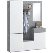 Mobile da Ingresso 4 in 1 con Specchio, Ganci e Ripiani Interni, in Legno, 145x29x184 cm, Grigio e Bianco