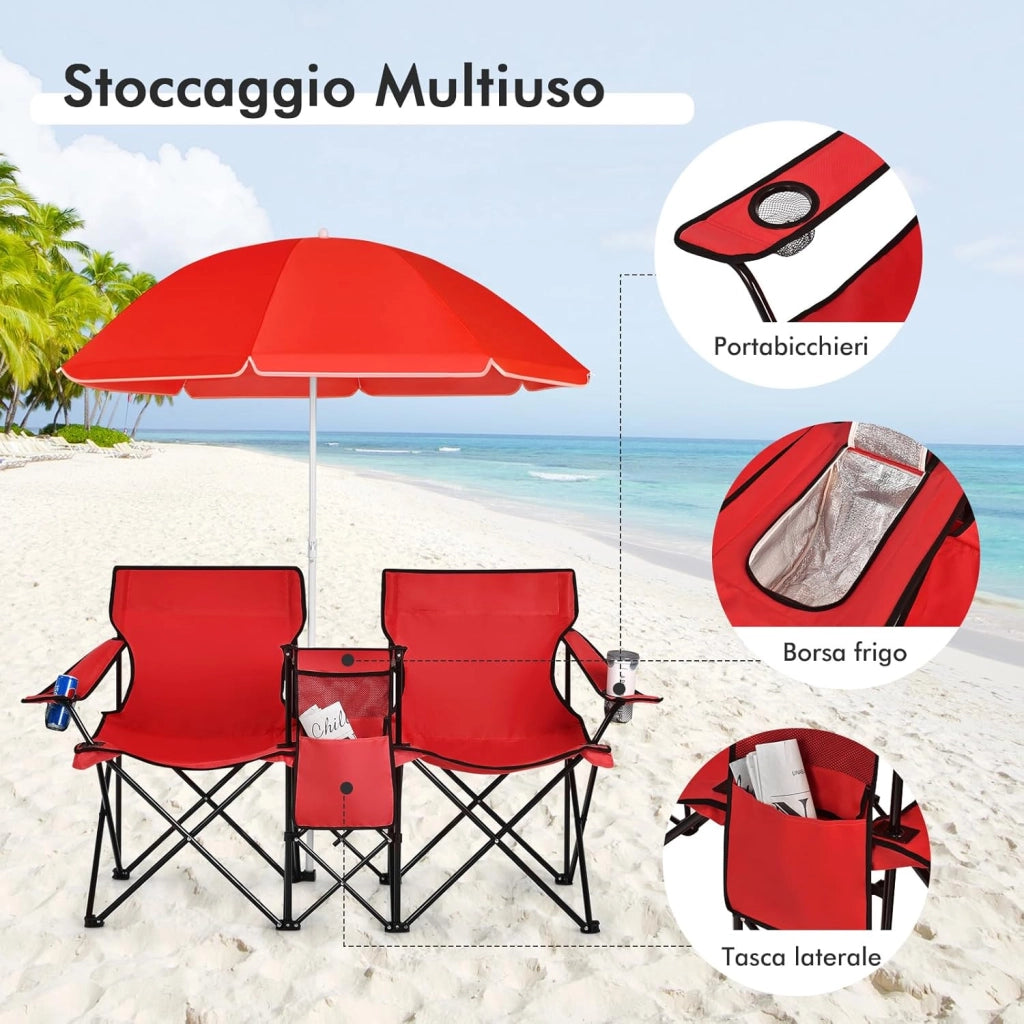 Set di 2 Sedie da Campeggio Pieghevoli, con Ombrellone e Tavolino Contenitore, Resistente e Leggero, Capacità 113 kg (Rosso)