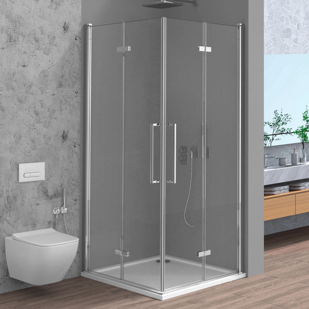 Box doccia angolare 90x100 in vetro temperato trasparente doppio soffietto con profili cromo Neos