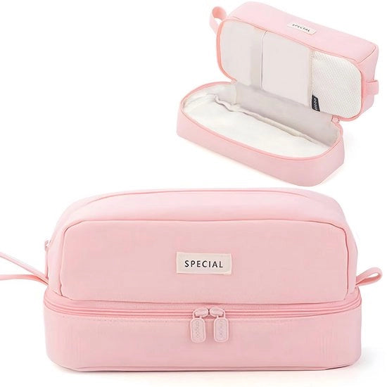Etui con grande capacità, etui a 2 compartimenti per ragazzi e ragazze, etui portatile, etui per studenti, adulti, donne, trucco per scuola e ufficio (rosa)