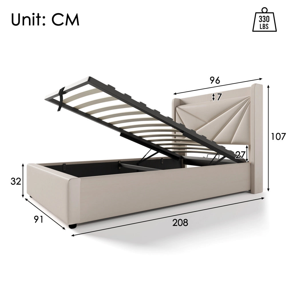 Letto singolo con contenitore 90x200 cm in cotone lino beige; testiera con USB e Tipo C