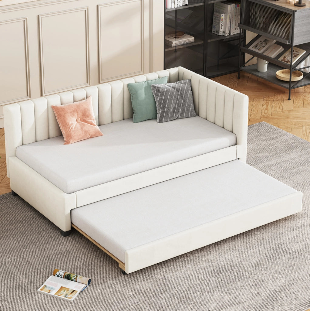 Letto imbottito 90x200 estraibile con rete a doghe, beige