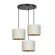 Lampada a sospensione Hilde con tre paralumi in velluto bianco e oro