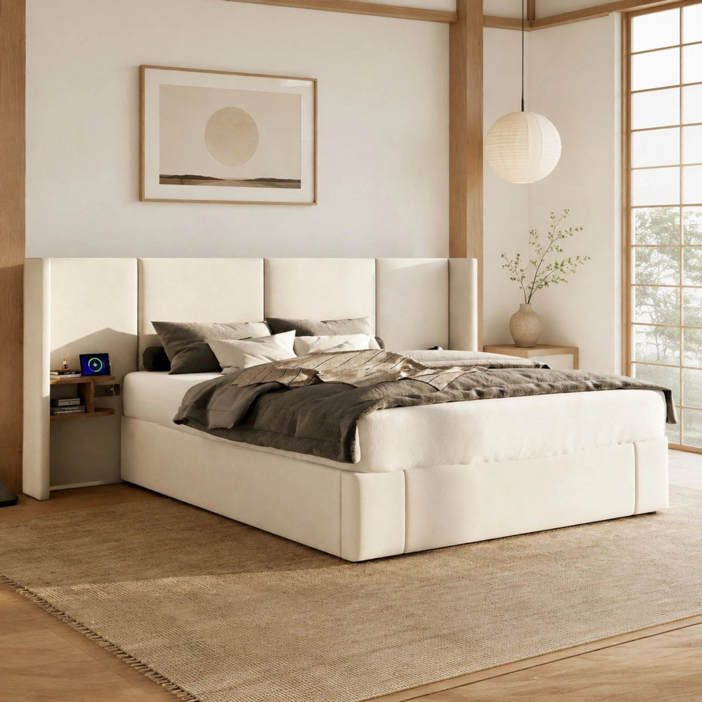 Letto imbottito 160x200 cm in velluto beige con contenitore idraulico, 2 comodini, USB e prese, rete a doghe