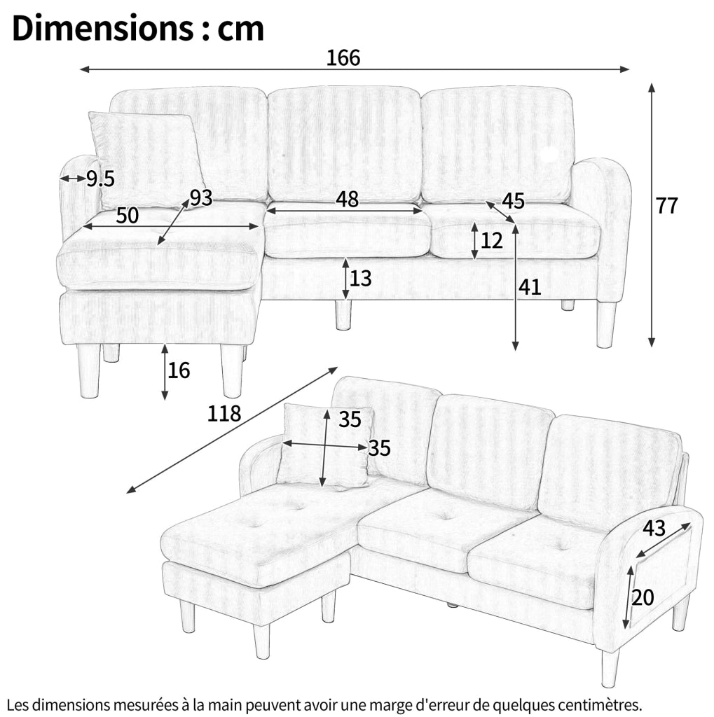 Divano angolare modulare a L con chaise longue 166 x 118 x 77 cm; tessuto corda marrone grigio