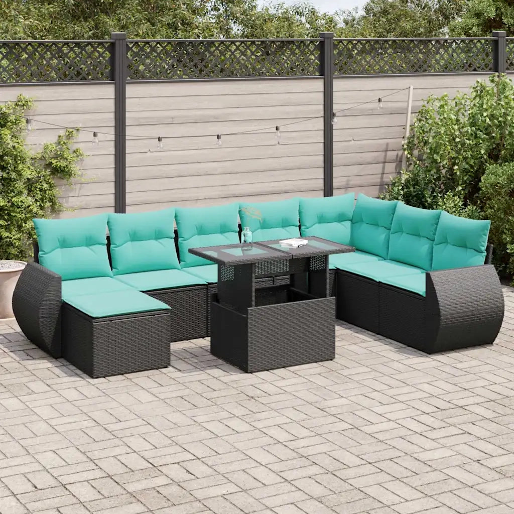 Set Divani da Giardino 9 pz con Cuscini Polyrattan Acacia Nero 3326688