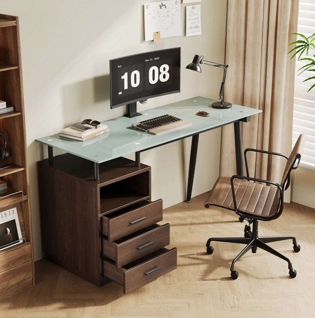 Scrivania moderna 130x50x75 cm con piano in vetro, 3 cassetti e vano aperto