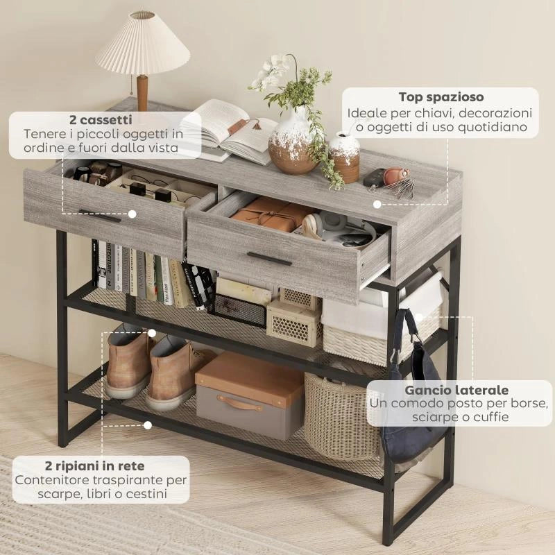 CONSOLLE DA INGRESSO CON 2 CASSETTI, 2 RIPIANI E GANCIO LATERALE, IN LEGNO E METALLO, 100X35X92 CM, NERO E LEGNO