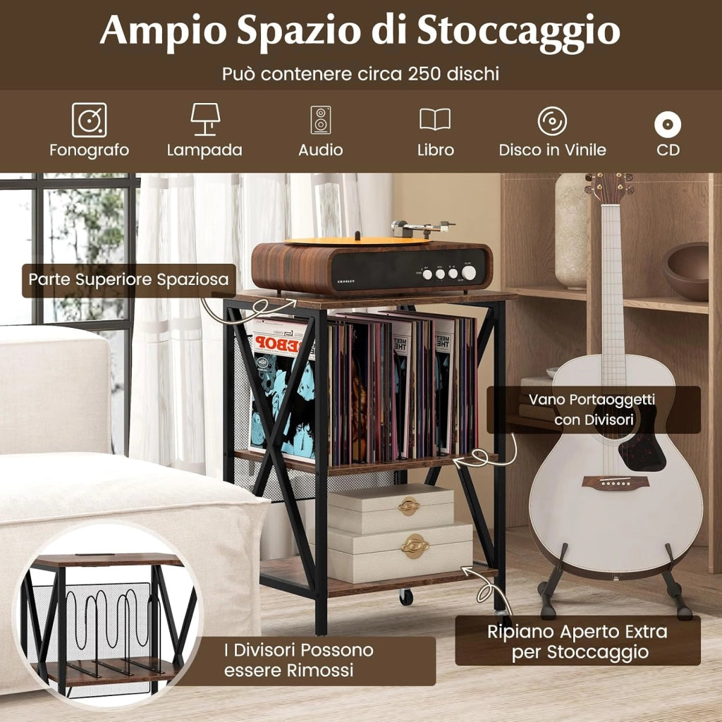 Supporto per Giradischi, Supporto per Giradischi in Vinile con Presa di Corrente e Porta USB, Ruote Bloccabili, 3 Livelli, per Soggiorno, Camera da Letto, 52 x 45 x 75 cm (Marrone)