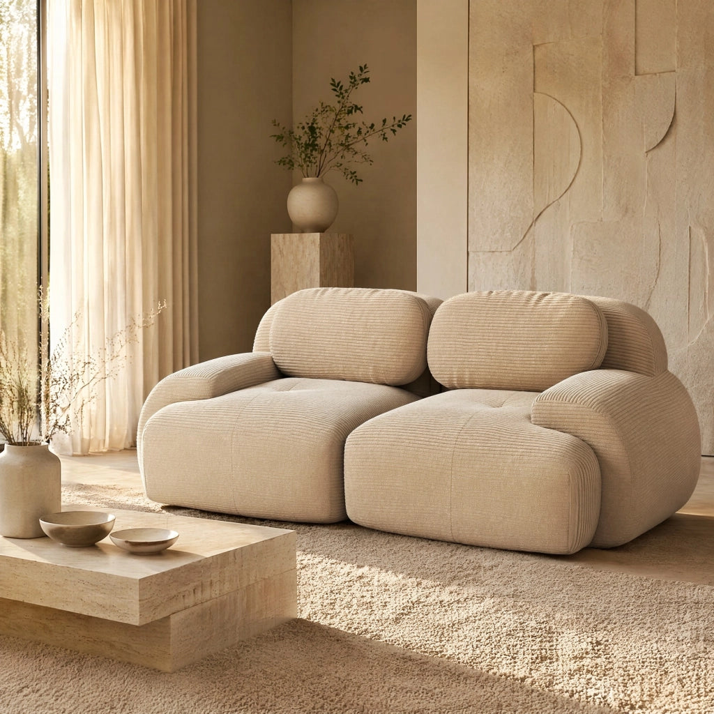 Divano angolare modulare senza struttura con braccioli curvi e base antiscivolo, in velluto a coste Beige 208 × 103 × 70 cm