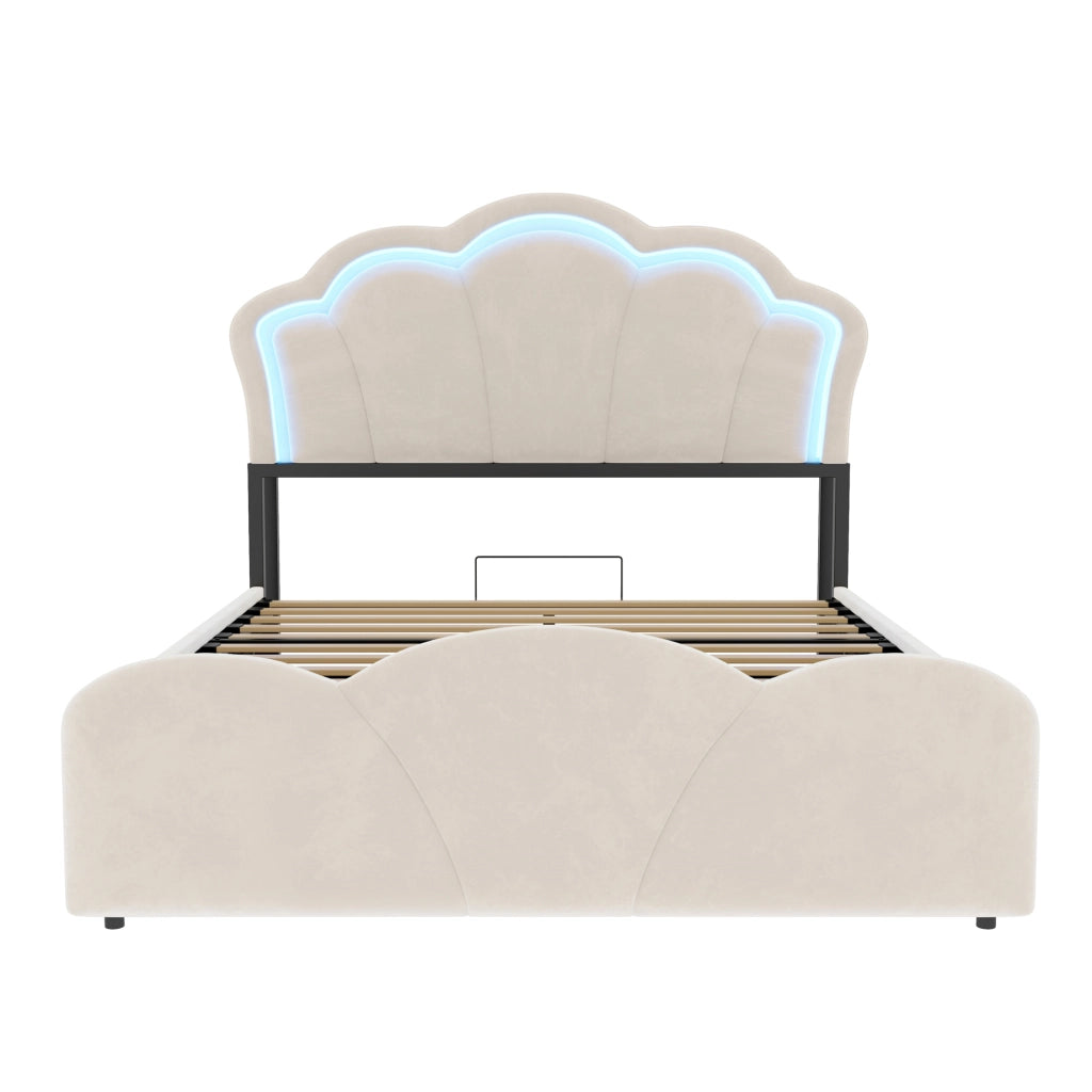 Letto imbottito beige 140x200 con apertura idraulica; LED e prese integrate