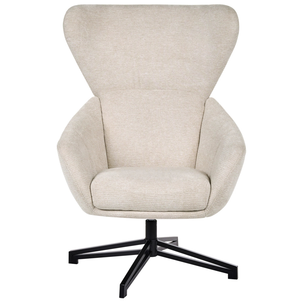 Poltrona Girevole in Tessuto Beige Chiaro Stile Mid-Century Modern con Schienale Alto e Seduta a Guscio con Braccioli Avvolgenti
