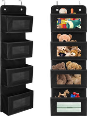 Pannello di appoggio per la porta, organizzatore appeso con 4 grandi tasche in tessuto morbido con vetrata e 2 ganci metallici, spazio di stoccaggio appeso per camera da letto, ufficio, nursery, nero