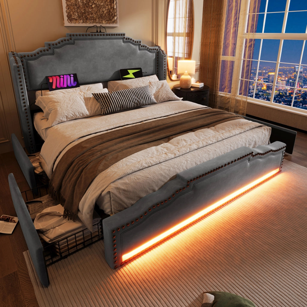Letto matrimoniale 160x200 cm in velluto grigio con LED; USB e Type-C; 4 cassetti e materasso