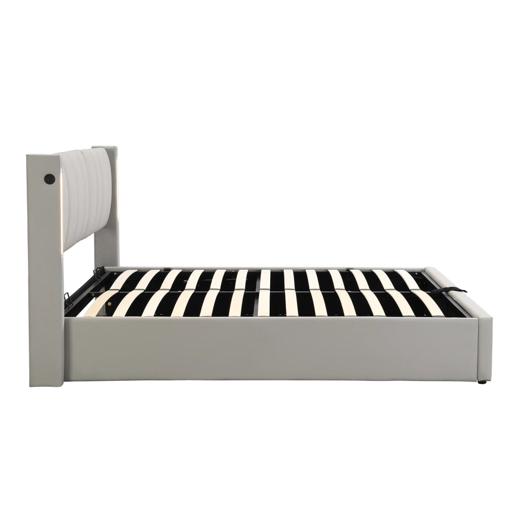 Letti contenitori 160x200 cm con USB e luci LED; PU; grigio (Senza materasso)