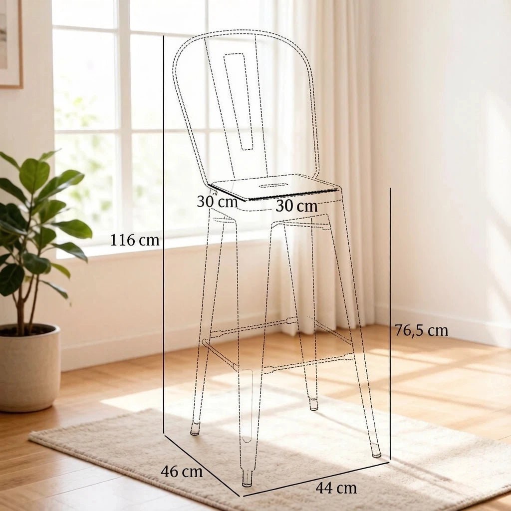 Sgabelli da bar impilabili, 4 pezzi in metallo nero con schienale rimovibile e poggiapiedi, 44 × 46 × 116 cm