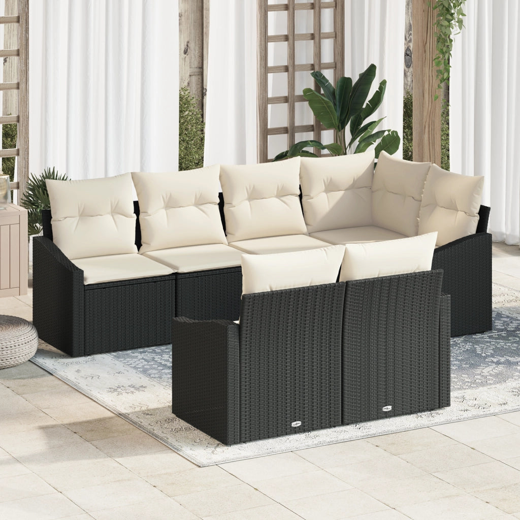 Set di 7 Pezzi da Pranzo da Giardino con Cuscini Rattan Nero