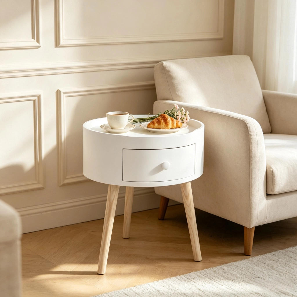 Comodino rotondo con cassetto e piano rialzato in MDF e legno, bianco e legno chiaro 38 × 38 × 45 cm