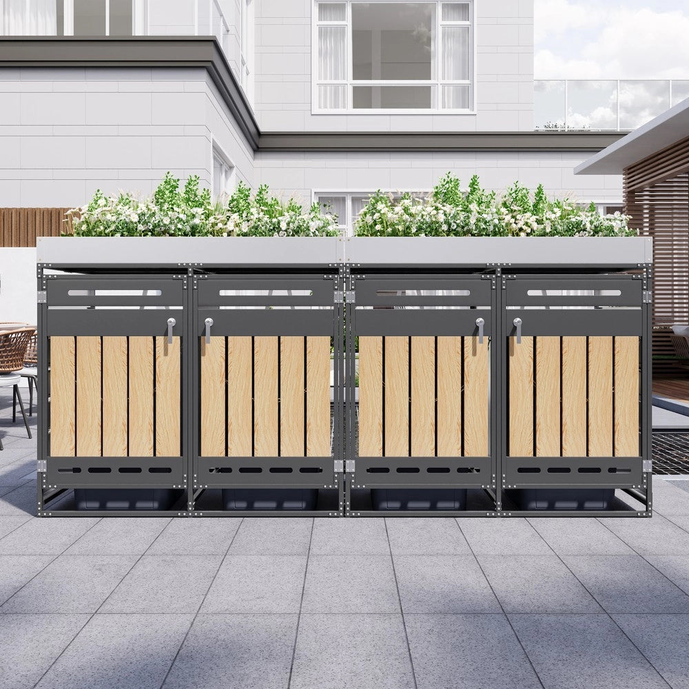 Box Portarifiuti 4 Pezzi con Fioriera ¨C Xylo ¨C Legno, Armadietto da Giardino con Serratura