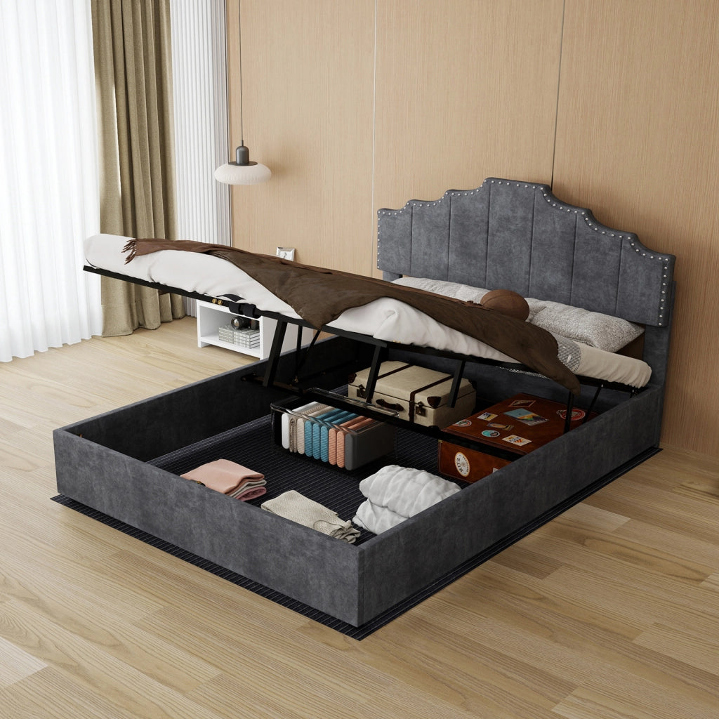 Letto matrimoniale 140x200 cm in velluto grigio con testiera geometrica