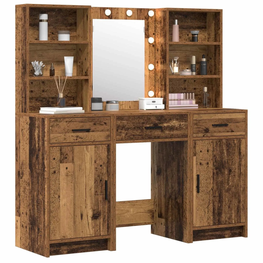 Set da Toeletta | Tavolo da Trucco con LED con porta 3 pz Legno vecchio