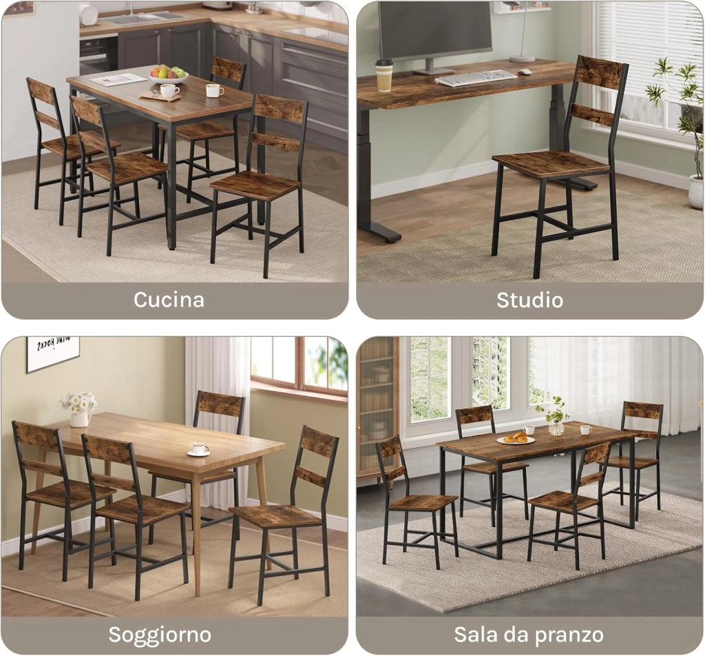 Set 2 Sedie da Pranzo con Schienale, Struttura Metallo e Legno, Design Ergonomico per Cucina/Soggiorno/Balcone, Stile Industriale, Marrone Rustico, K0027EZS-2